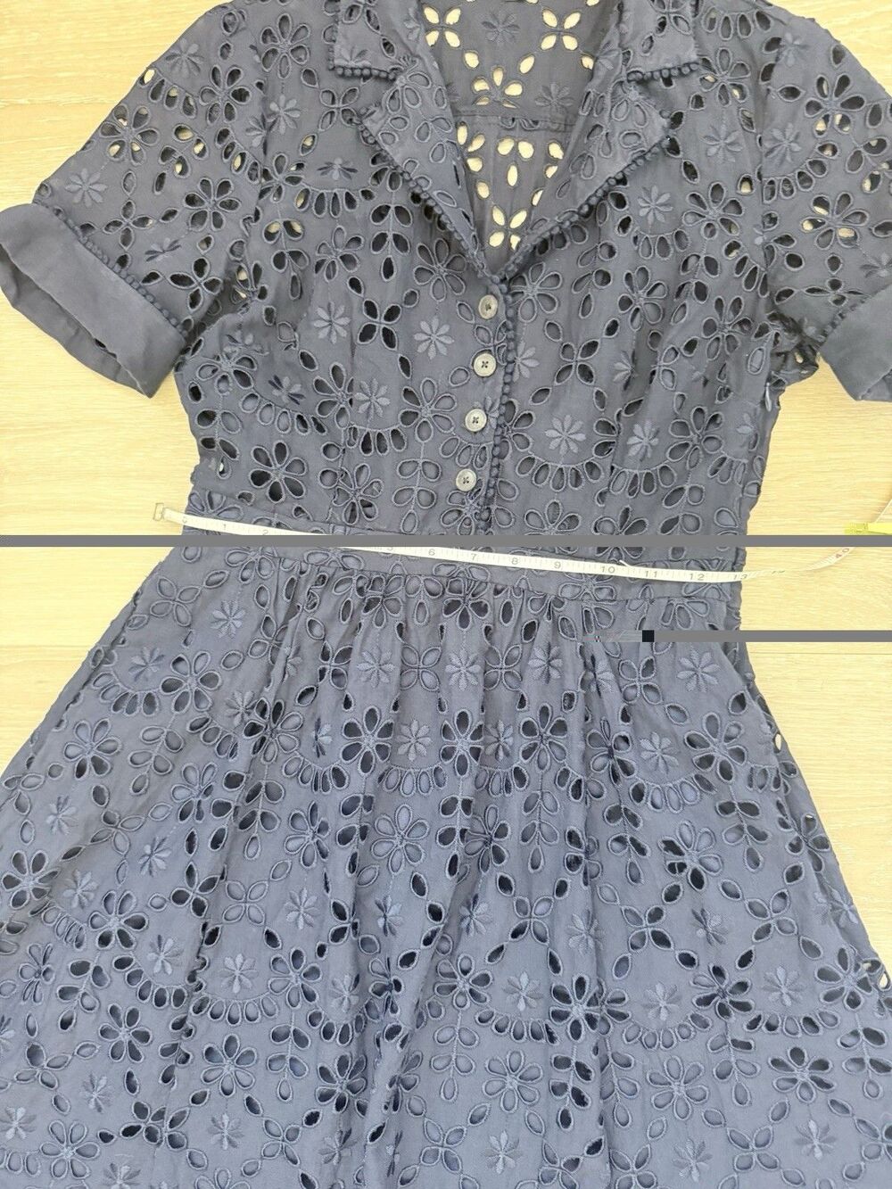 J Crew Embroidered Eyelet Navy Midi Dress Sz 2 1940s Retro Pockets Lucy Pinup - Picture 10 of 16